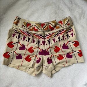 Tory Burch linen Embroidered Cream Women's Shorts with Red & Purple Floral Motif